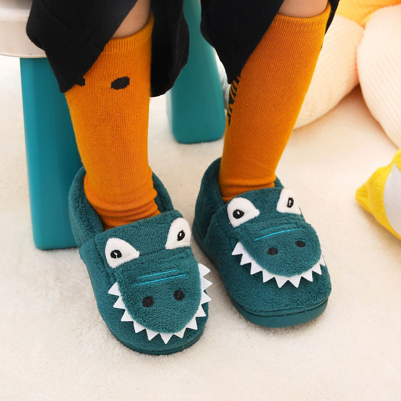 Boys' Cartoon Slippers with Lining, Warm and Non-Slip Soft Sole Indoor Slippers for Autumn and Winter