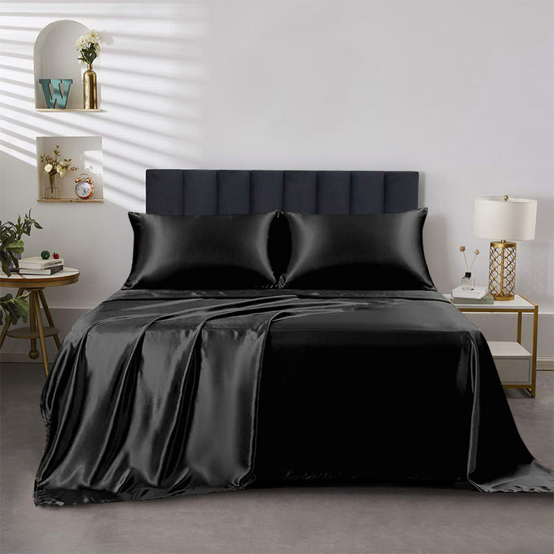 4pcs Satin Bed Sheet Four-Piece Set Includes One Fitted Sheet, One Flat Sheet, And Two Pillowcases. Pillowcases Do Not Include Inserts. Solid Colors Showcase Simple Elegance. The Simple Style Is Classic And Timeless. Polyeste