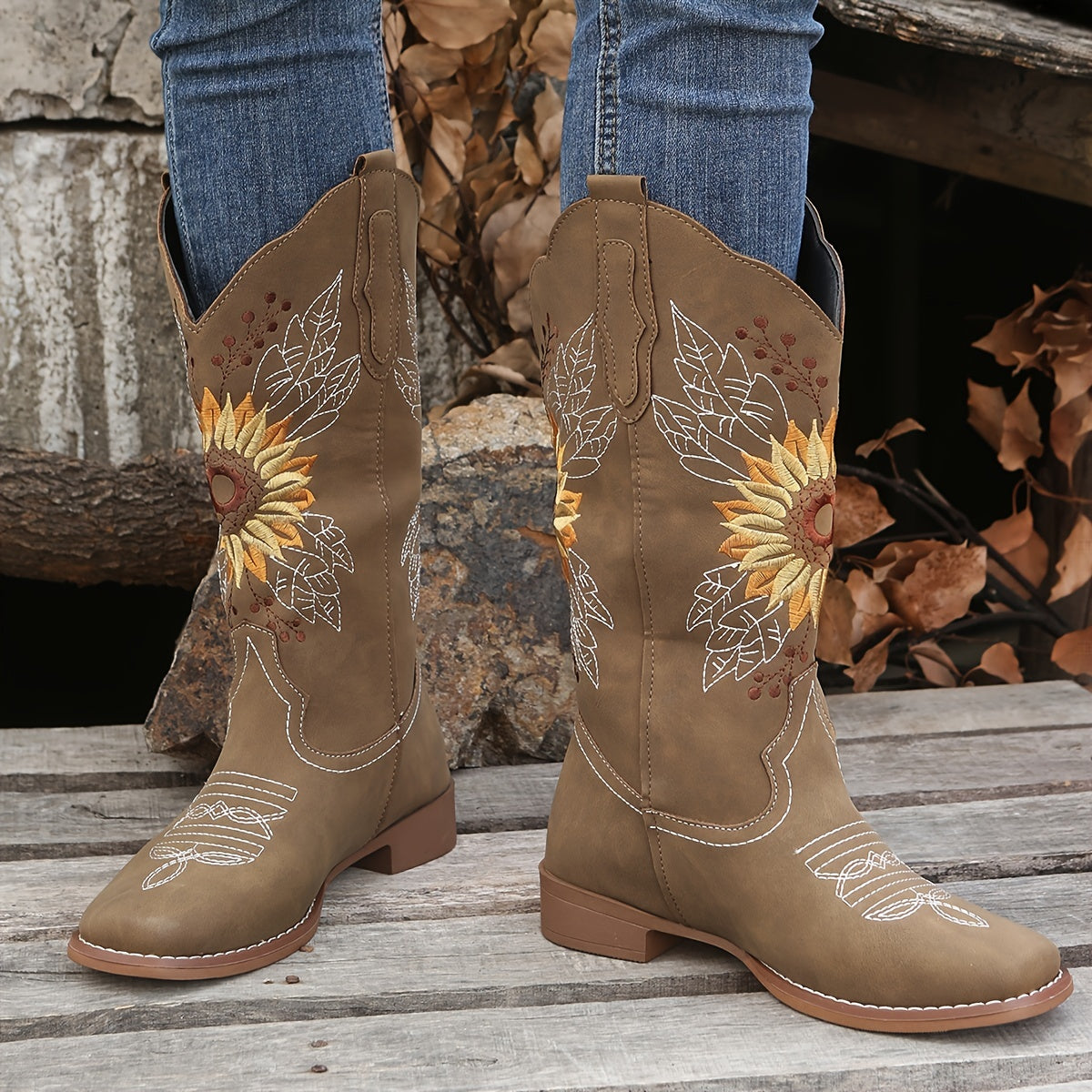 [Mid Calf Embroidered Western Boots] Women's Embroidered Mid Calf Western Boots, Faux Leather Fashion Boots, Women's Footwear