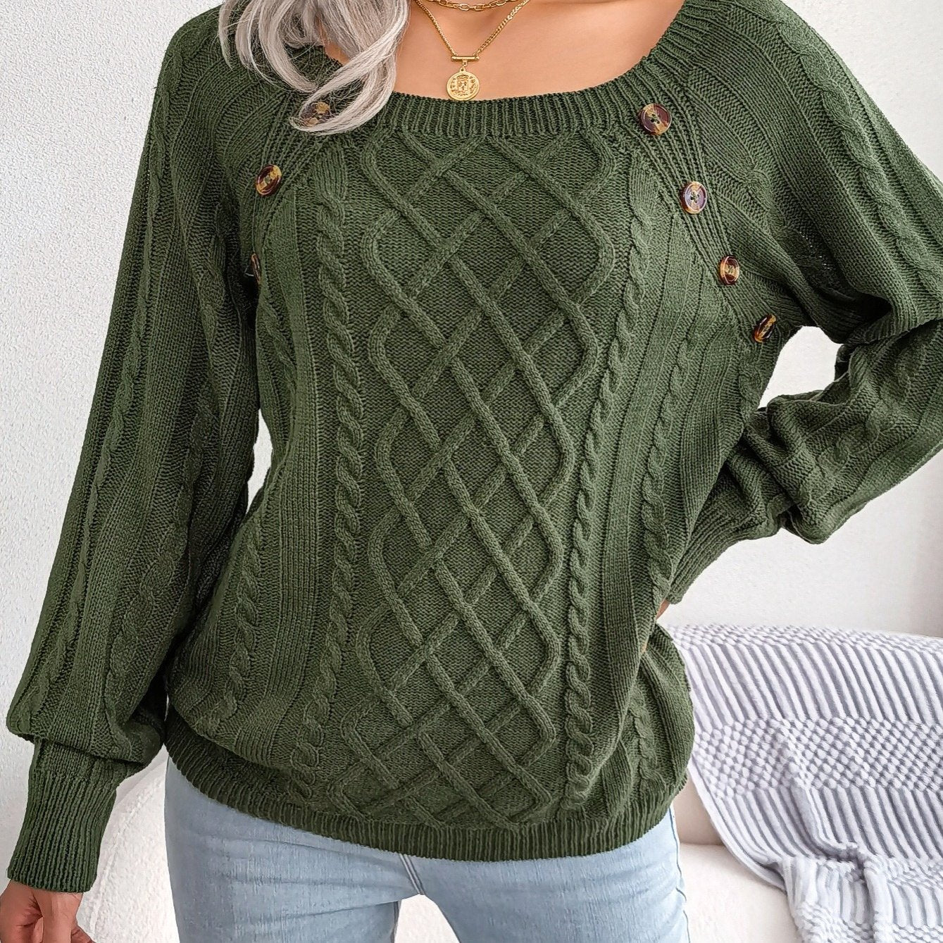 Autumn/Winter European and American Casual Solid Color Square Neck Button Twist Long Sleeve Pullover Sweater