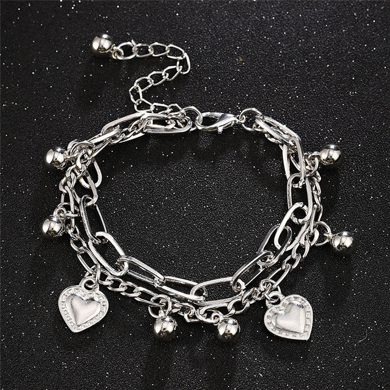 Double Layer Stainless Steel Love Punk Style Silver Color Party Ornament Hand Decoration Bracelet for Women