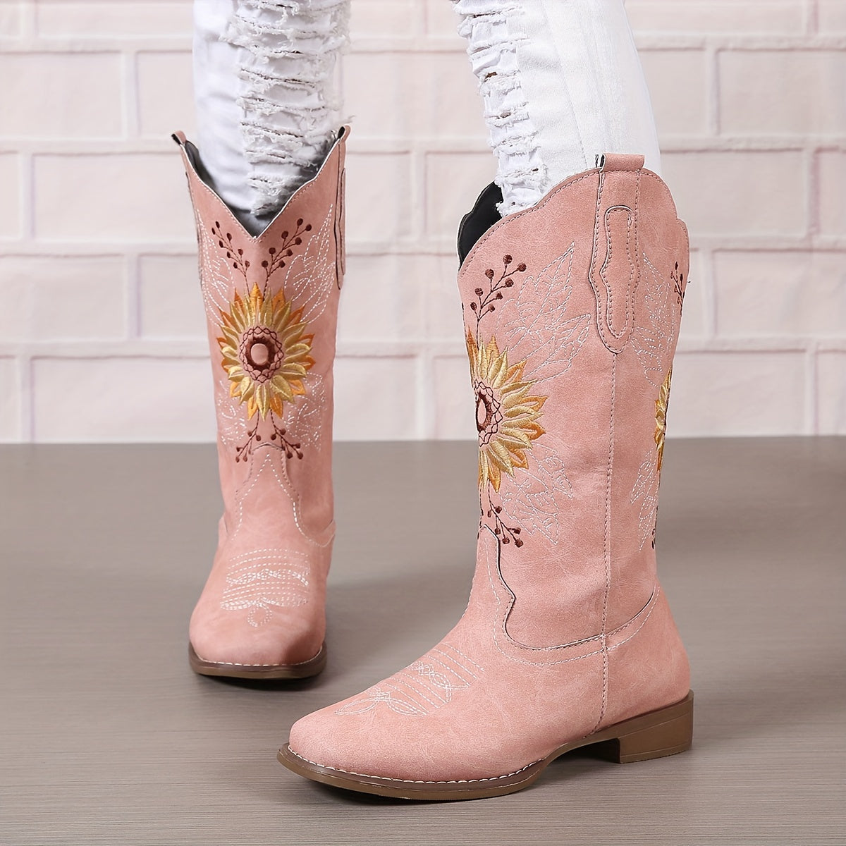 [Mid Calf Embroidered Western Boots] Women's Embroidered Mid Calf Western Boots, Faux Leather Fashion Boots, Women's Footwear