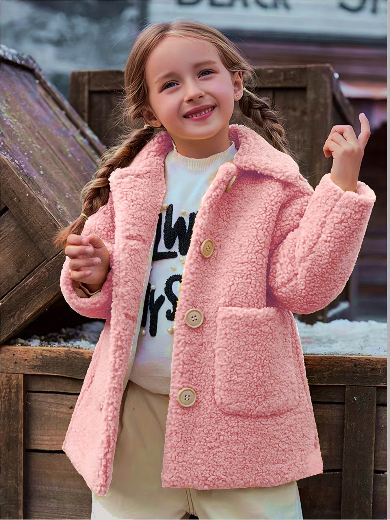 [Lamb Fur Jacket] Girls' Lamb Fur Jacket | JOMAKE Korean-Style Lapel Collar, Two-Tone, Warm Windbreaker with Pockets, Lining, Button Closure, Long Sleeves for Winter