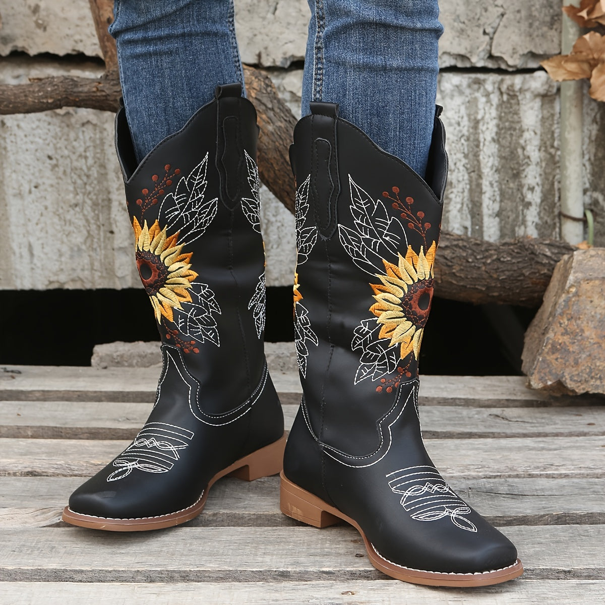[Mid Calf Embroidered Western Boots] Women's Embroidered Mid Calf Western Boots, Faux Leather Fashion Boots, Women's Footwear