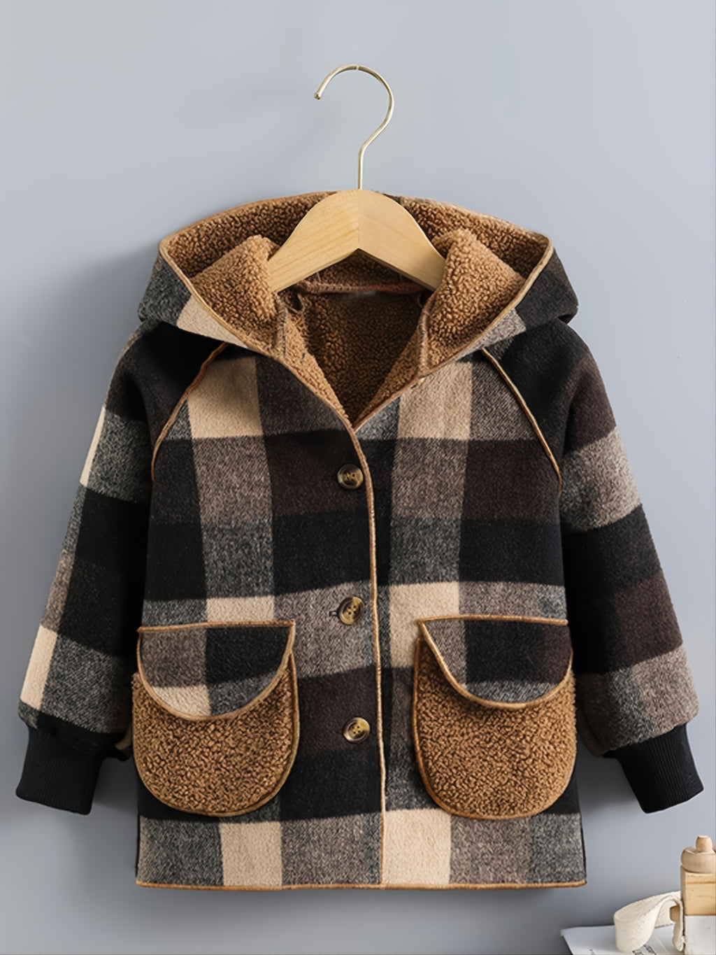 Boys' Long Sleeve Plaid Fleece-Lined Jacket with Button Front & Pockets - Cozy Fall/Winter Warmth, Casual Cardigan Collar, Brown/ Tartan Pattern, Machine Washable For Outdoor Play & Casual Attire, Winter Jacket For Boys, Fall
