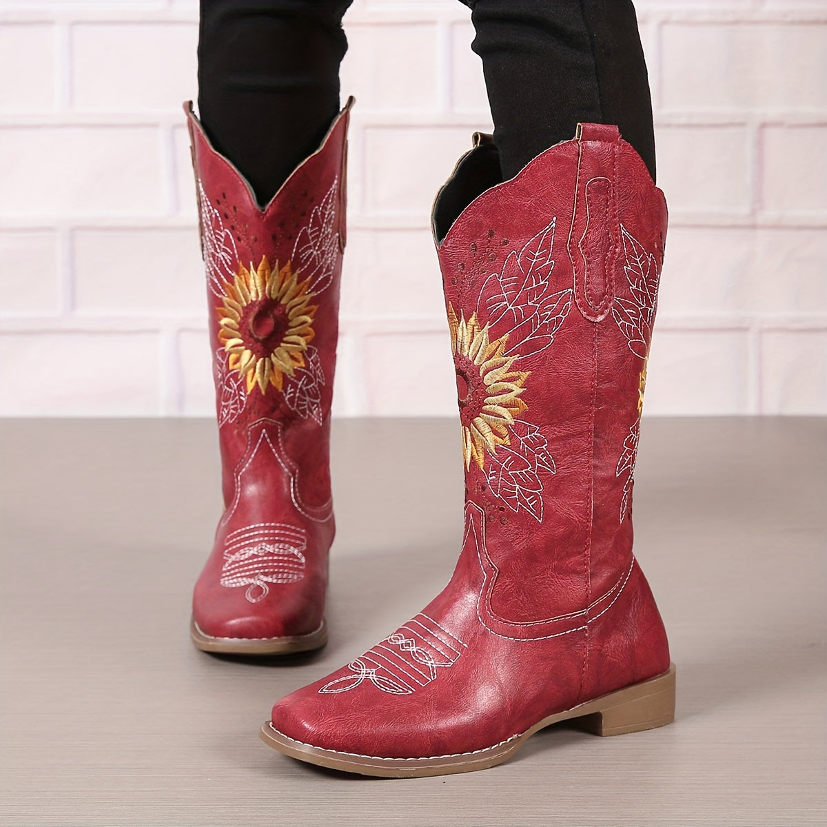 [Mid Calf Embroidered Western Boots] Women's Embroidered Mid Calf Western Boots, Faux Leather Fashion Boots, Women's Footwear