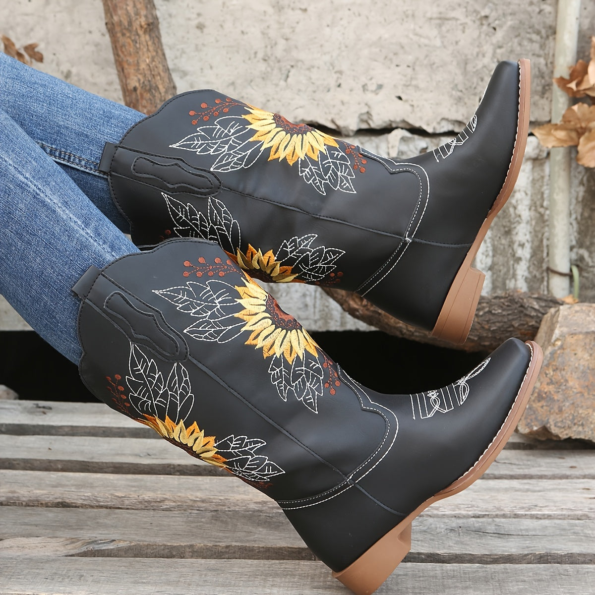 [Mid Calf Embroidered Western Boots] Women's Embroidered Mid Calf Western Boots, Faux Leather Fashion Boots, Women's Footwear