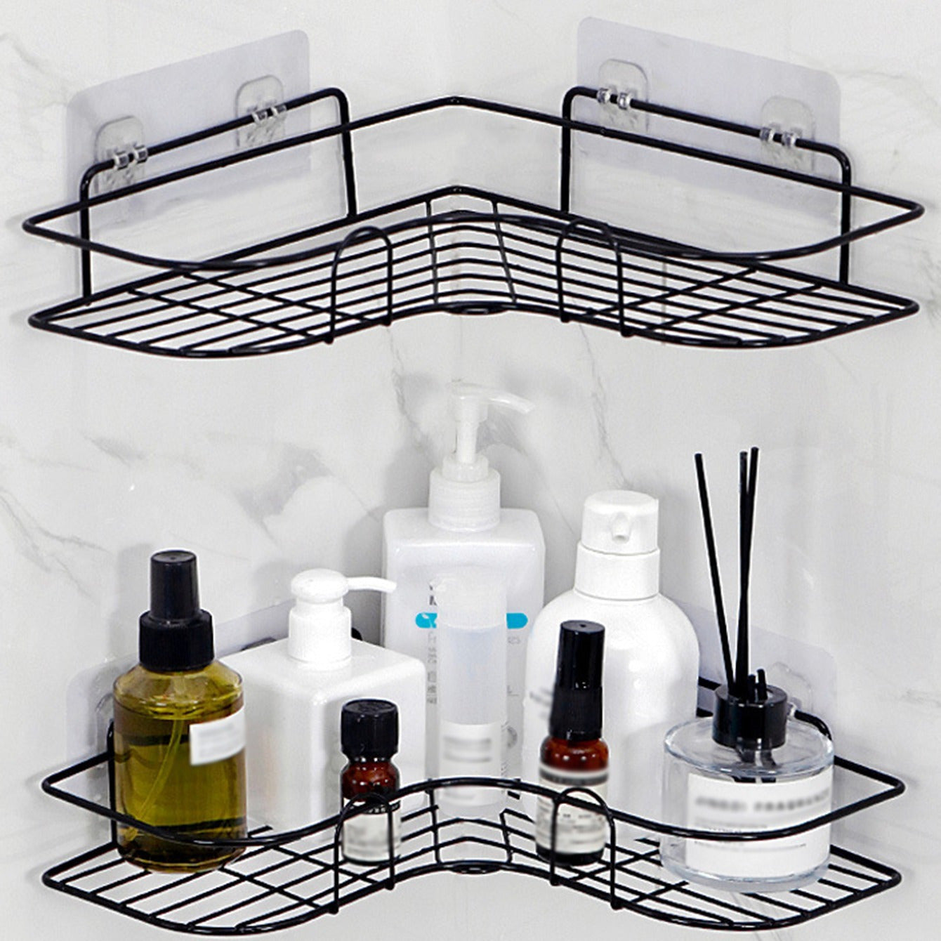 1pc Heavy-Duty Cast Iron Corner Shelf - No Drill Adhesive/Bolt- Wall-Mounted Angled Bath Shelf, Space-Saving Curved Shelves for Small Bathrooms, Installation (No Tools/Screws) Suitable for Bathrooms, Shelves