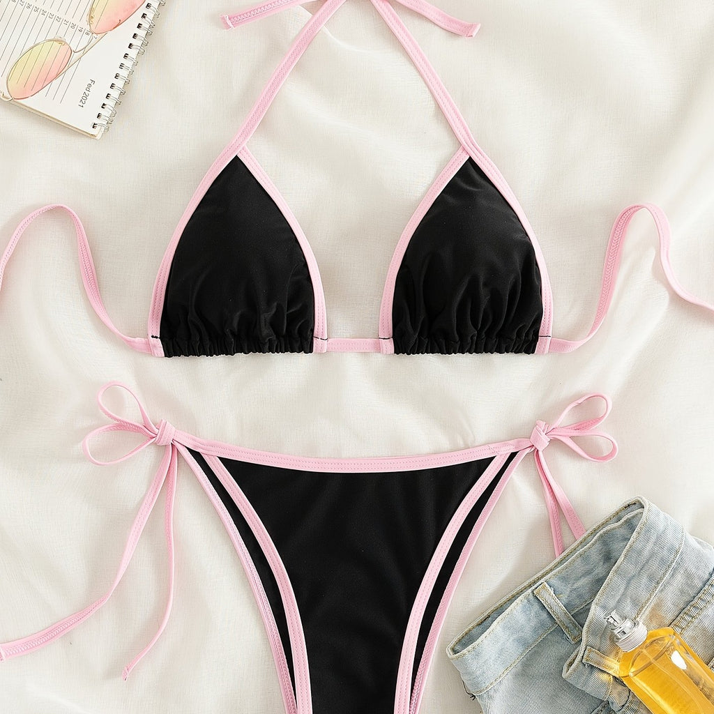 Contrast Trim Tie Side 2 Piece Bikini Swimsuit, Triangle Halter Tie Back Neck Stretchy Beachwear, Cute & Sexy, Women's Swimwear & Clothing