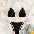 Contrast Trim Tie Side 2 Piece Bikini Swimsuit, Triangle Halter Tie Back Neck Stretchy Beachwear, Cute & Sexy, Women's Swimwear & Clothing