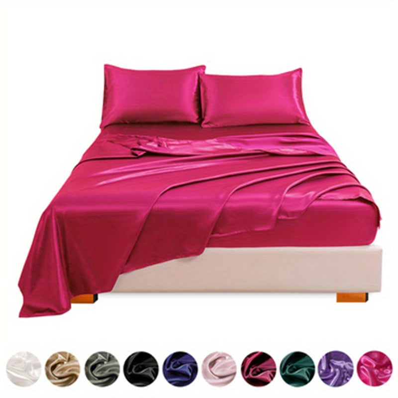 4pcs Satin Bed Sheet Four-Piece Set Includes One Fitted Sheet, One Flat Sheet, And Two Pillowcases. Pillowcases Do Not Include Inserts. Solid Colors Showcase Simple Elegance. The Simple Style Is Classic And Timeless. Polyeste