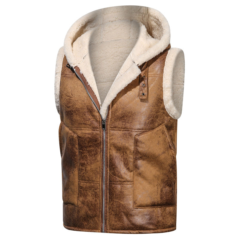 Men's -Lined Hooded Vest, Thickened and -Lined, Fashionable Windproof Warm Jacket