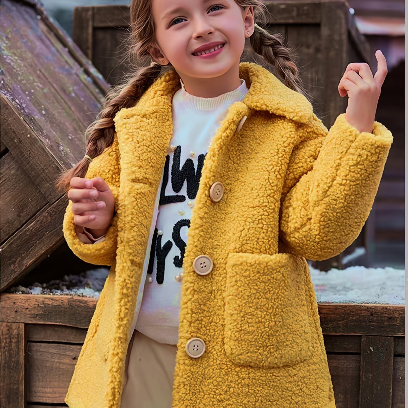 [Lamb Fur Jacket] Girls' Lamb Fur Jacket | JOMAKE Korean-Style Lapel Collar, Two-Tone, Warm Windbreaker with Pockets, Lining, Button Closure, Long Sleeves for Winter
