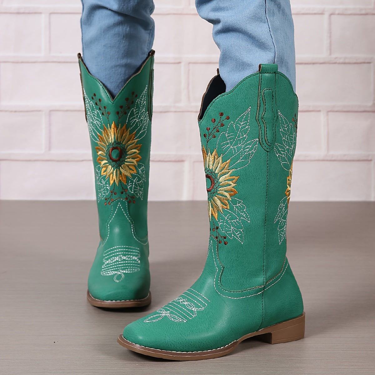 [Mid Calf Embroidered Western Boots] Women's Embroidered Mid Calf Western Boots, Faux Leather Fashion Boots, Women's Footwear