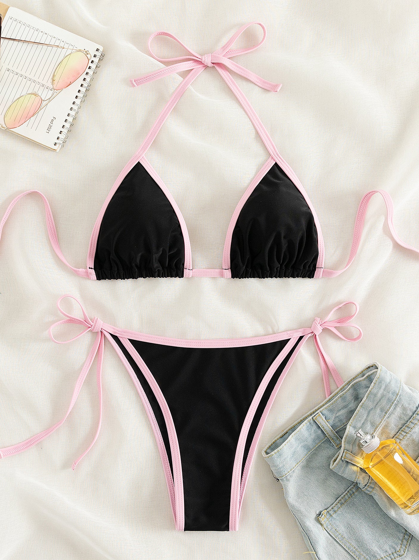 Contrast Trim Tie Side 2 Piece Bikini Swimsuit, Triangle Halter Tie Back Neck Stretchy Beachwear, Cute & Sexy, Women's Swimwear & Clothing