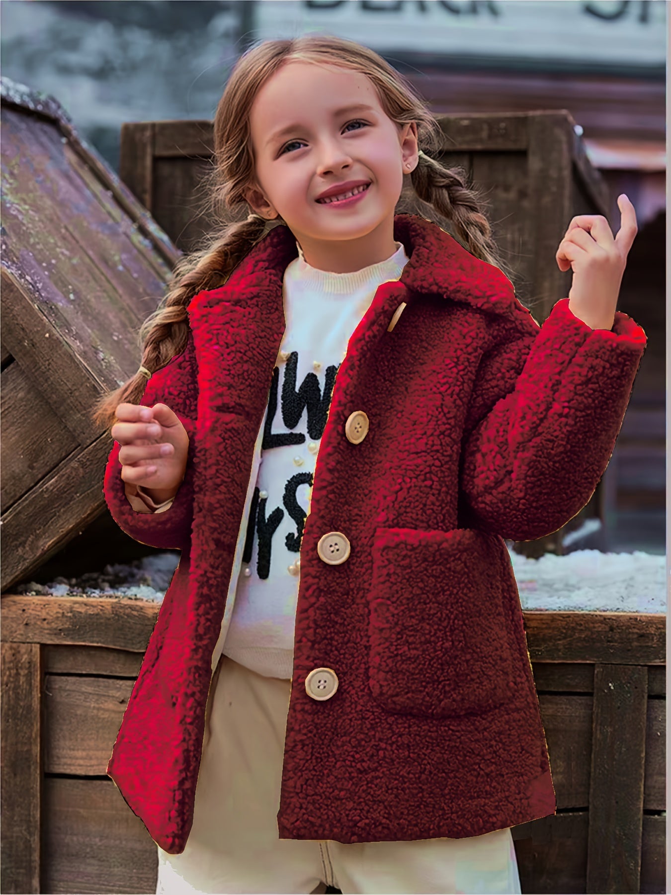[Lamb Fur Jacket] Girls' Lamb Fur Jacket | JOMAKE Korean-Style Lapel Collar, Two-Tone, Warm Windbreaker with Pockets, Lining, Button Closure, Long Sleeves for Winter