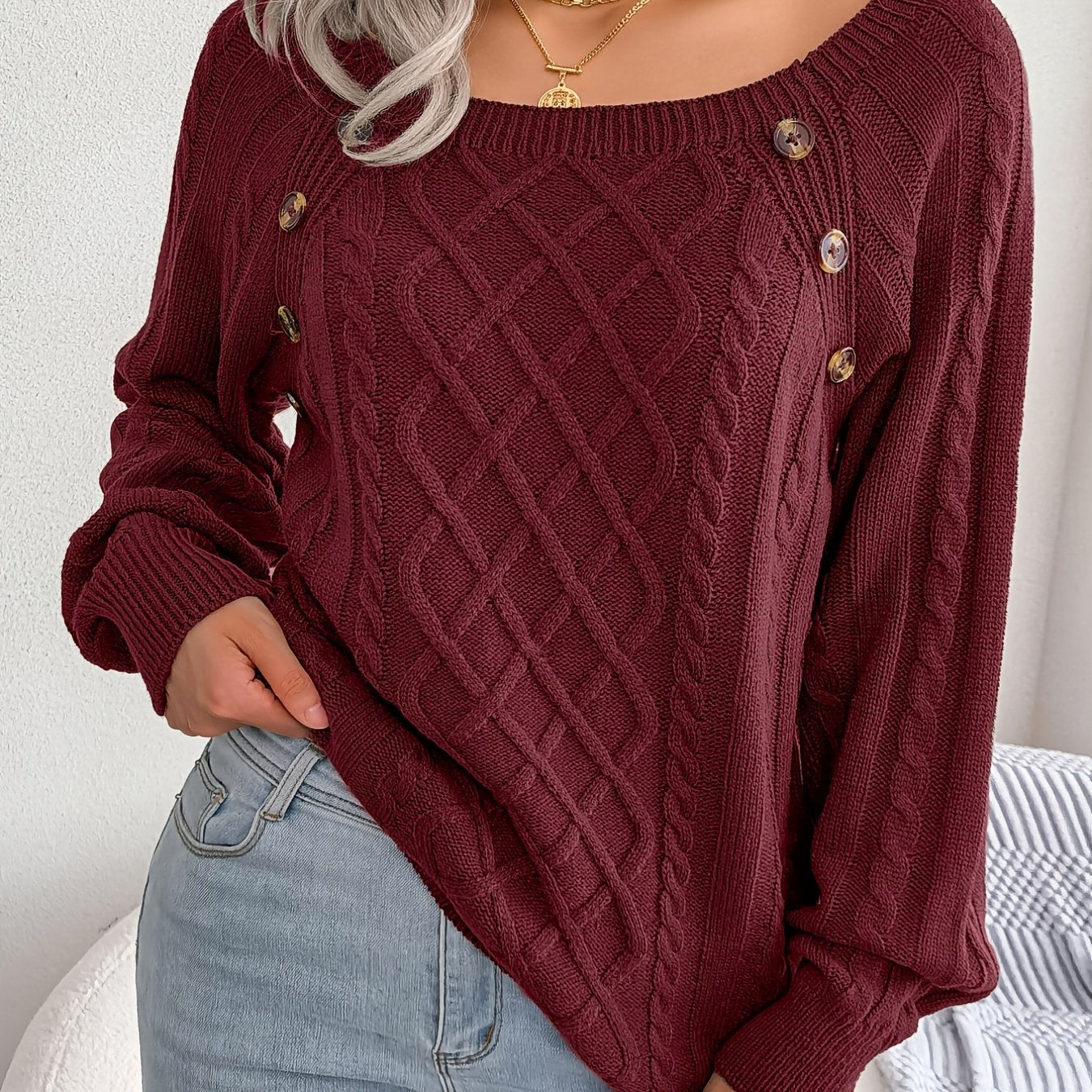 Autumn/Winter European and American Casual Solid Color Square Neck Button Twist Long Sleeve Pullover Sweater