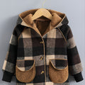 Boys' Long Sleeve Plaid Fleece-Lined Jacket with Button Front & Pockets - Cozy Fall/Winter Warmth, Casual Cardigan Collar, Brown/ Tartan Pattern, Machine Washable For Outdoor Play & Casual Attire, Winter Jacket For Boys, Fall