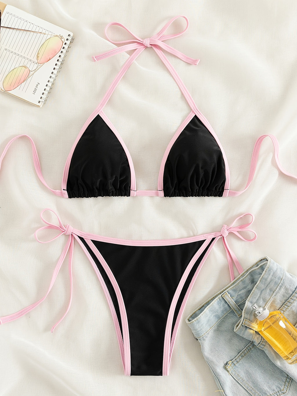 Contrast Trim Tie Side 2 Piece Bikini Swimsuit, Triangle Halter Tie Back Neck Stretchy Beachwear, Cute & Sexy, Women's Swimwear & Clothing