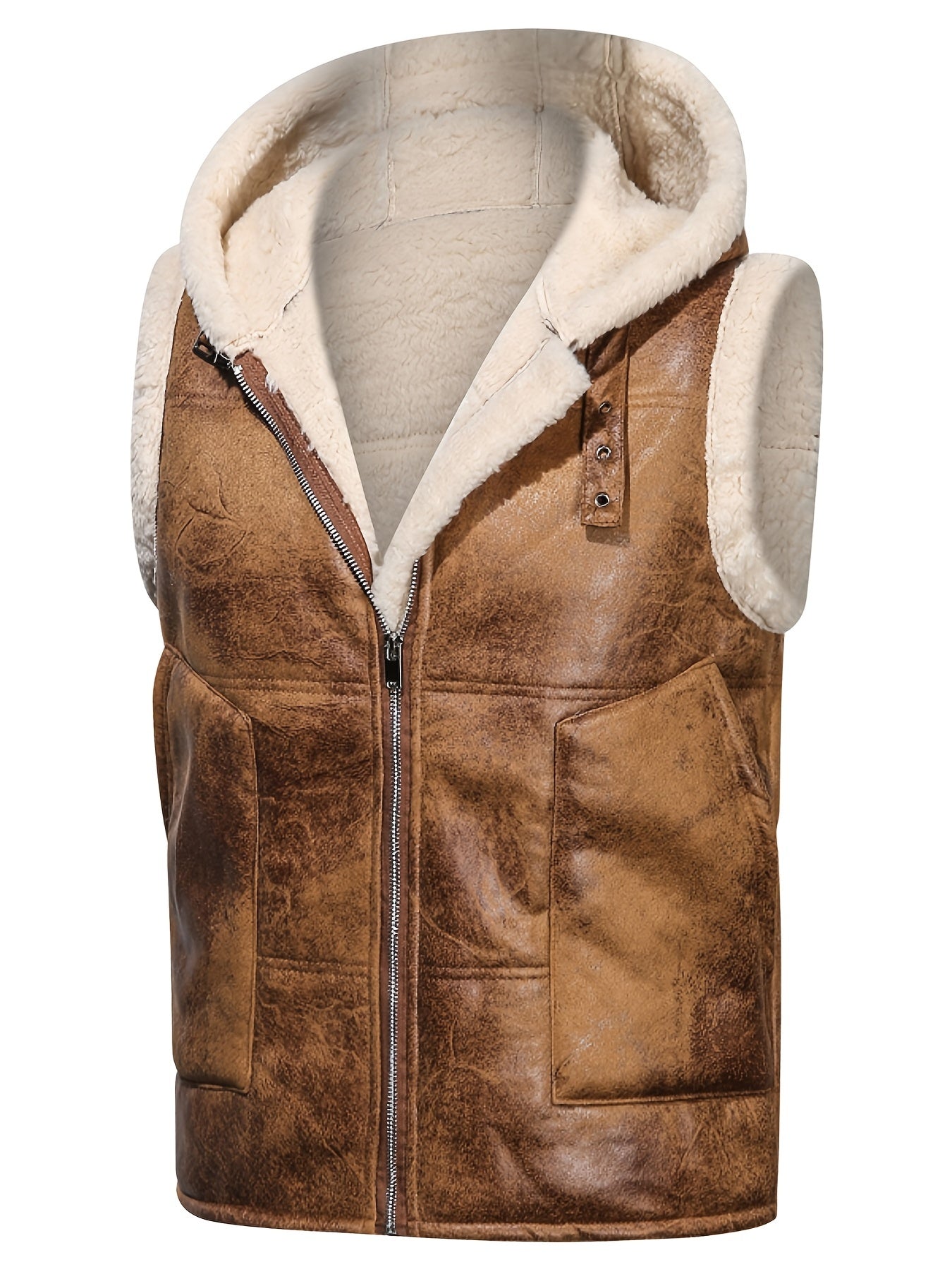Men's -Lined Hooded Vest, Thickened and -Lined, Fashionable Windproof Warm Jacket
