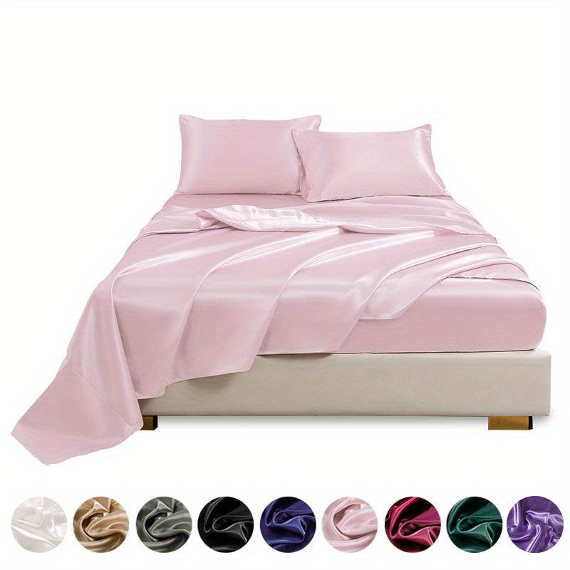4pcs Satin Bed Sheet Four-Piece Set Includes One Fitted Sheet, One Flat Sheet, And Two Pillowcases. Pillowcases Do Not Include Inserts. Solid Colors Showcase Simple Elegance. The Simple Style Is Classic And Timeless. Polyeste