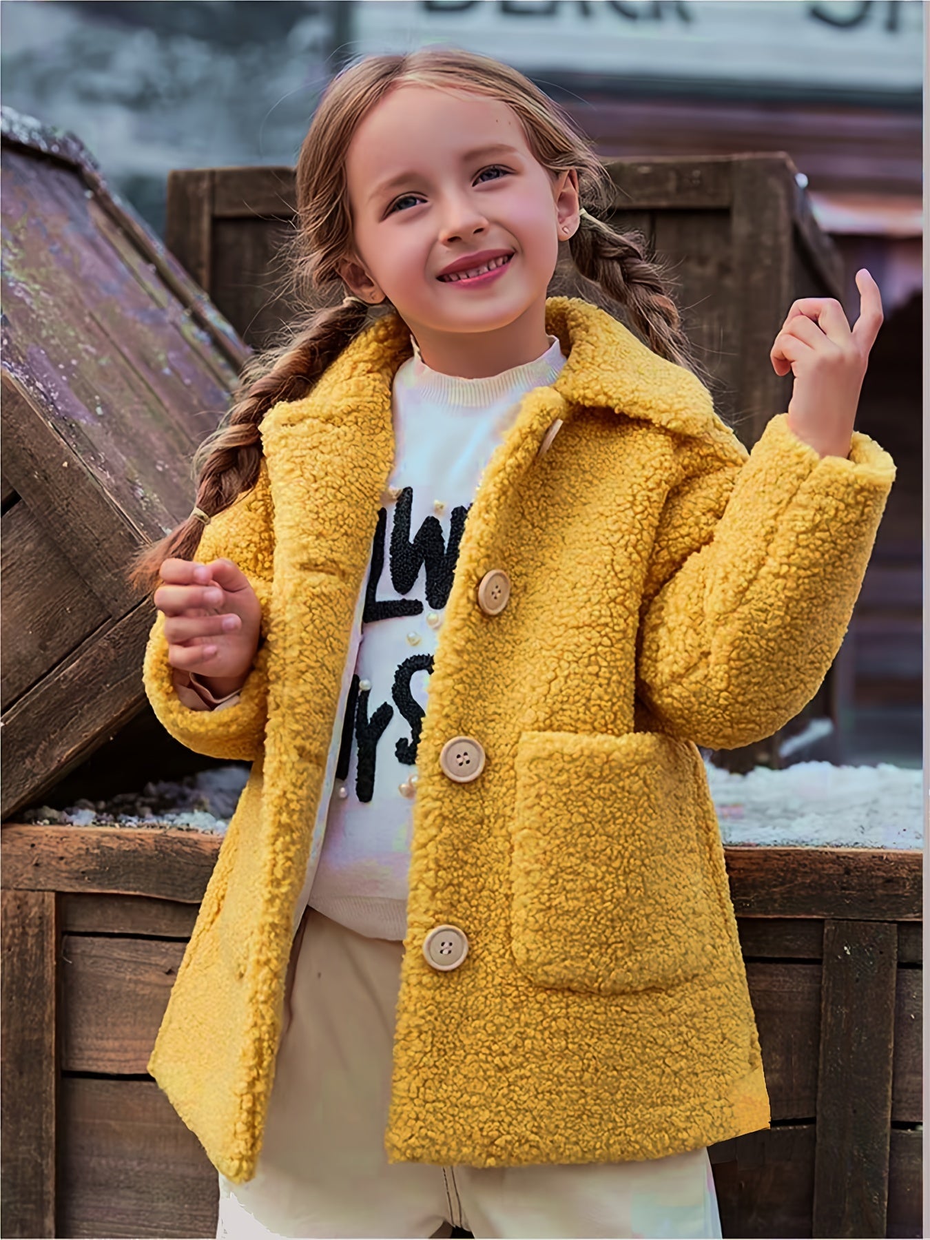 [Lamb Fur Jacket] Girls' Lamb Fur Jacket | JOMAKE Korean-Style Lapel Collar, Two-Tone, Warm Windbreaker with Pockets, Lining, Button Closure, Long Sleeves for Winter