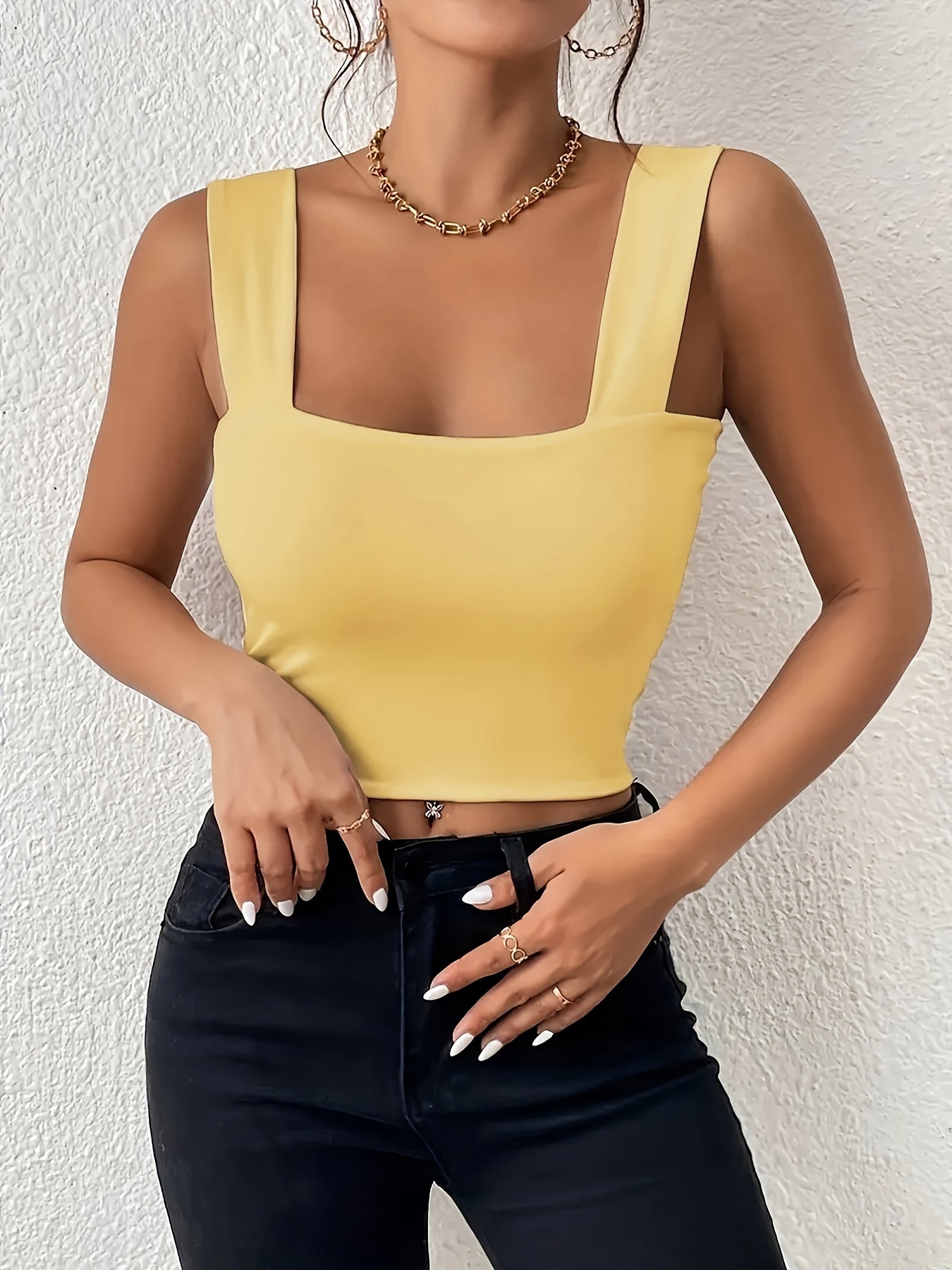 Women's Basic Solid Crop Tank Top, Casual Stretchy Sleeveless Tank Top, Casual Every Day Tops, Women's Clothing