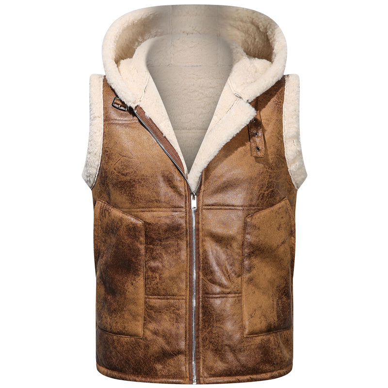 Men's -Lined Hooded Vest, Thickened and -Lined, Fashionable Windproof Warm Jacket