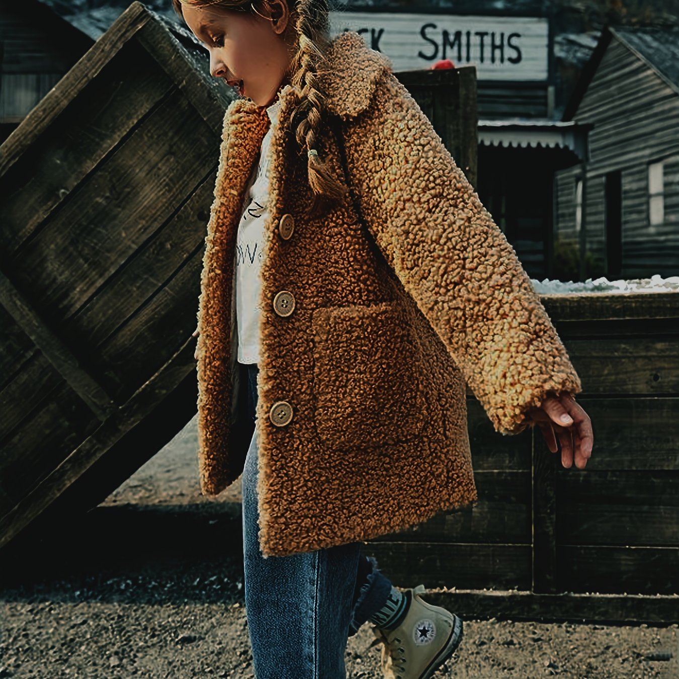 [Lamb Fur Jacket] Girls' Lamb Fur Jacket | JOMAKE Korean-Style Lapel Collar, Two-Tone, Warm Windbreaker with Pockets, Lining, Button Closure, Long Sleeves for Winter