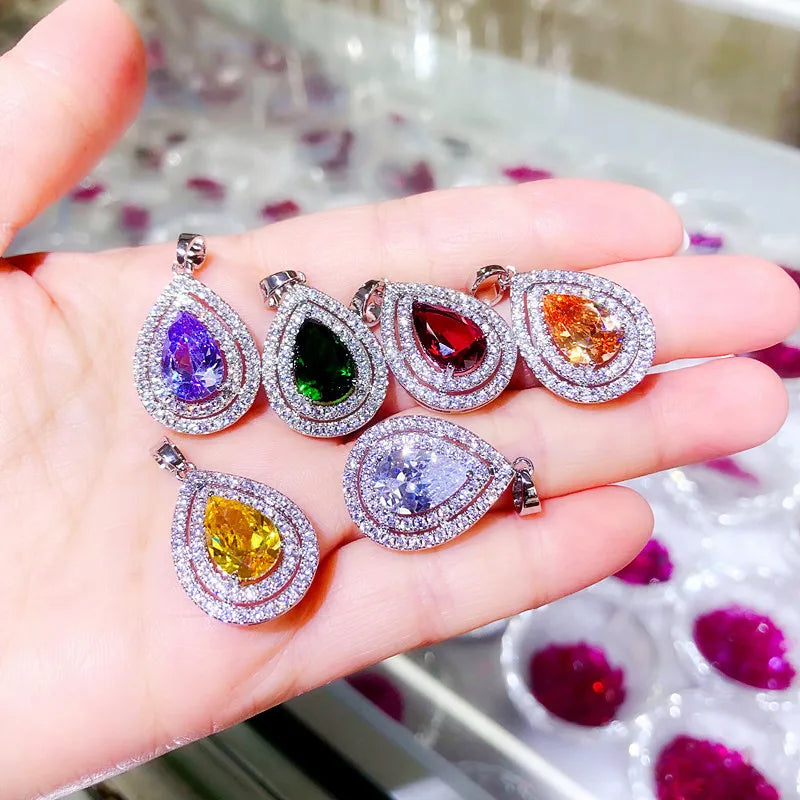 New Water Drop Pendant Necklace for Women Pink/Silver/Green/Purple Cubic Zircon Luxury Trendy Wedding Fashion Jewelry