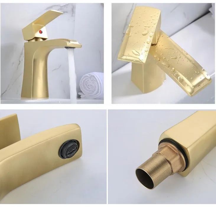 Modern Single-Hole Deck Mounted Brass Lavatory Brushed Gold Wash Basin Hot Cold Mixer Taps Single Handle Ceramic Valve Core