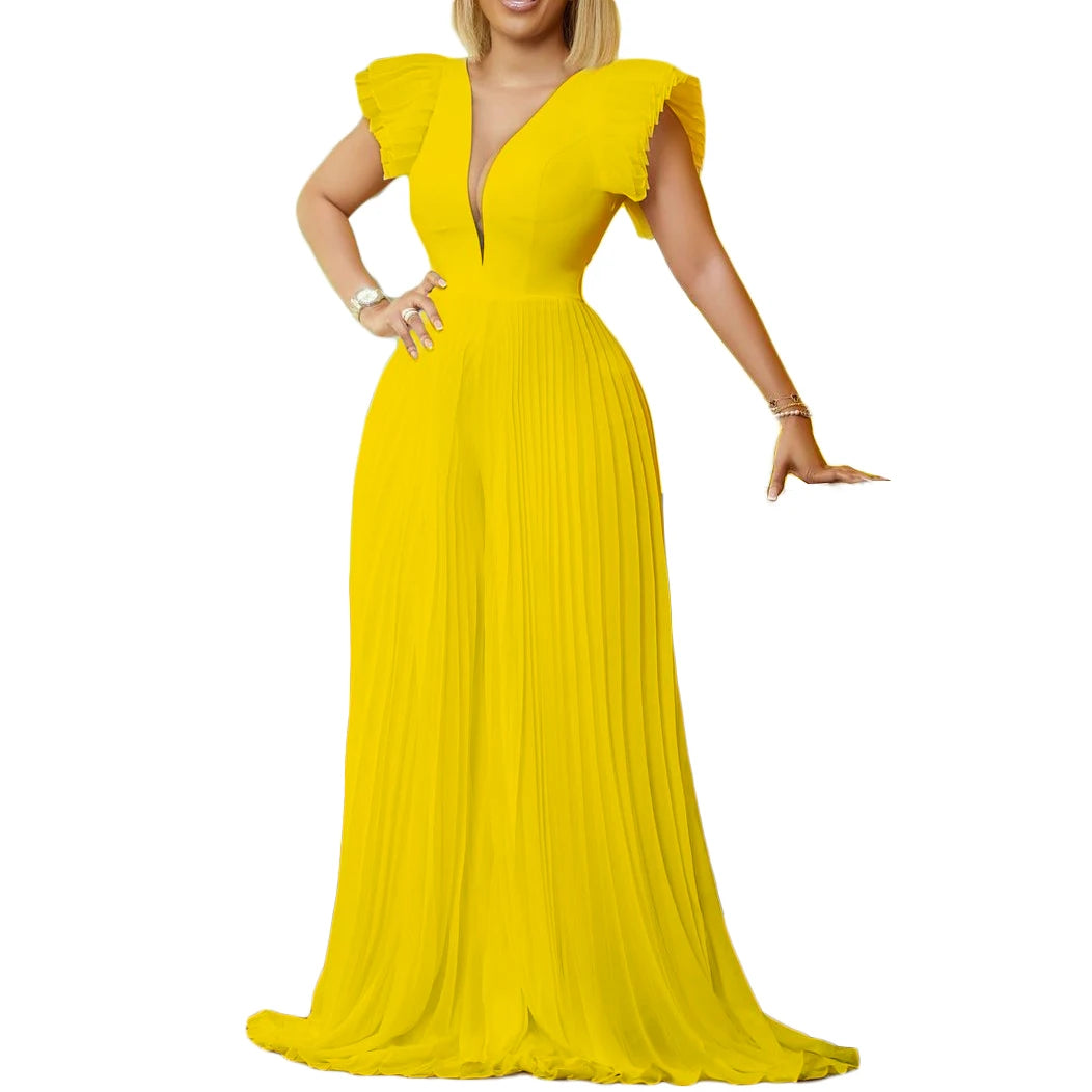 D196 Top Quality Flare Sleeve Temperament Pleated Patchwork Deep V Neck Jumpsuit Women Floor Length Wide Leg Jumpsuit