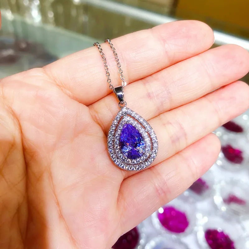 New Water Drop Pendant Necklace for Women Pink/Silver/Green/Purple Cubic Zircon Luxury Trendy Wedding Fashion Jewelry