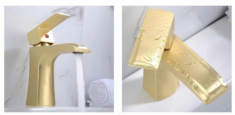 Modern Single-Hole Deck Mounted Brass Lavatory Brushed Gold Wash Basin Hot Cold Mixer Taps Single Handle Ceramic Valve Core