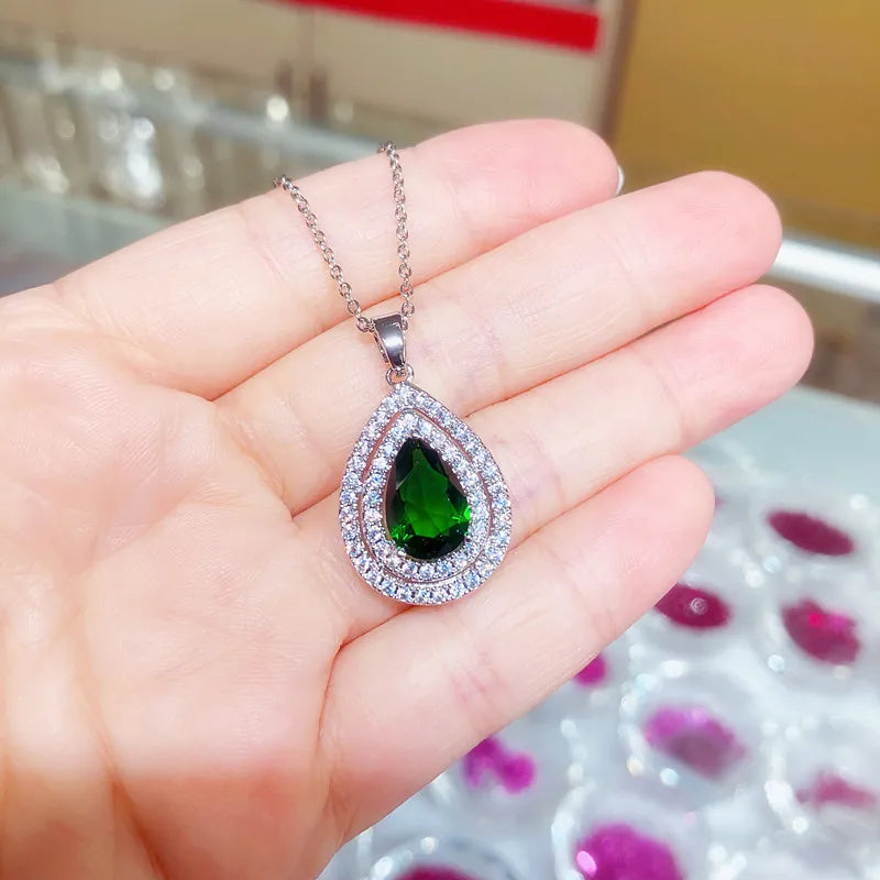 New Water Drop Pendant Necklace for Women Pink/Silver/Green/Purple Cubic Zircon Luxury Trendy Wedding Fashion Jewelry