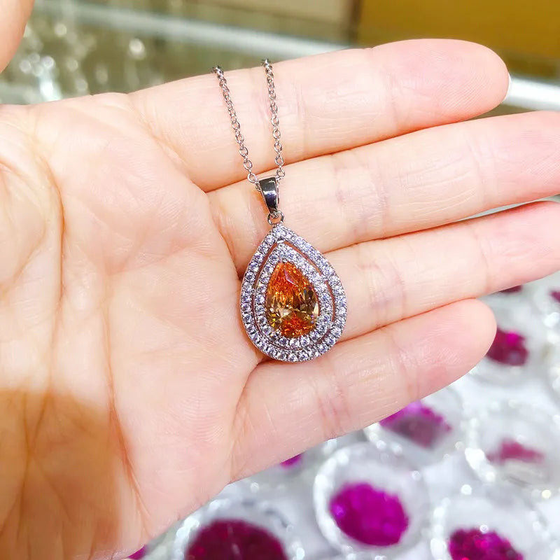 New Water Drop Pendant Necklace for Women Pink/Silver/Green/Purple Cubic Zircon Luxury Trendy Wedding Fashion Jewelry