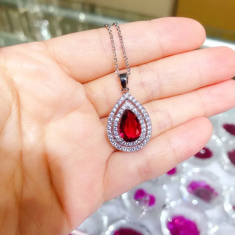 New Water Drop Pendant Necklace for Women Pink/Silver/Green/Purple Cubic Zircon Luxury Trendy Wedding Fashion Jewelry