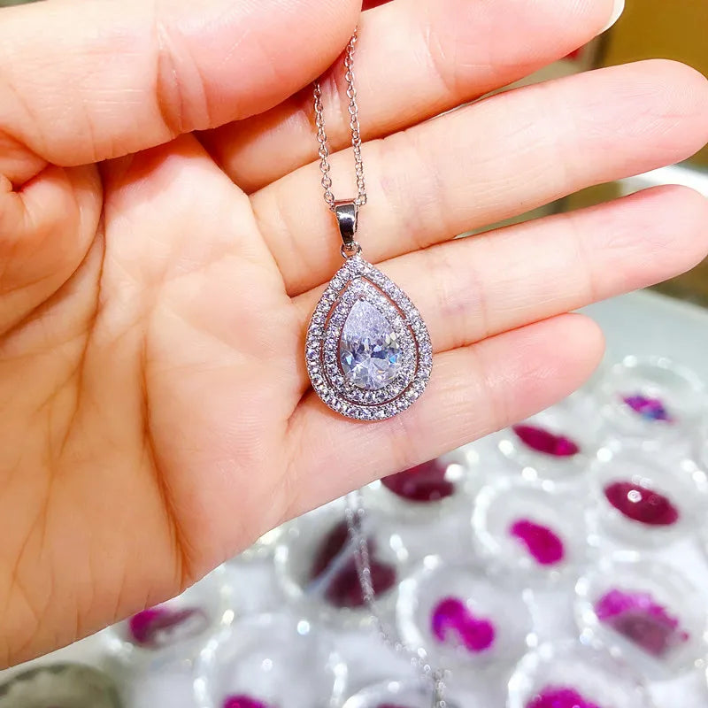New Water Drop Pendant Necklace for Women Pink/Silver/Green/Purple Cubic Zircon Luxury Trendy Wedding Fashion Jewelry