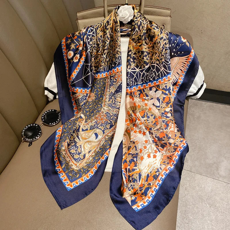 Light luxury 90 Silk scarf imitatingly printed with black and white stripes large square shawl New Year gift