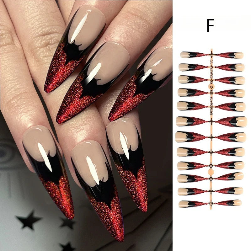 24pcs Blood Drop French Nails Set Almond Glossy Bat Decor Fake Nail Halloween Scary Punk Style Wearable Women Press False Nails