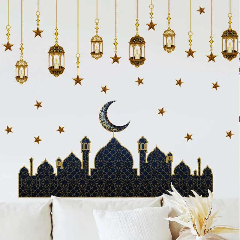 Eid Mubarak Moon Star Lantern Wall Decal 2025 Ramadan Kareem Decorations Home Wall Window Sticker Muslim Islamic Party Supplies