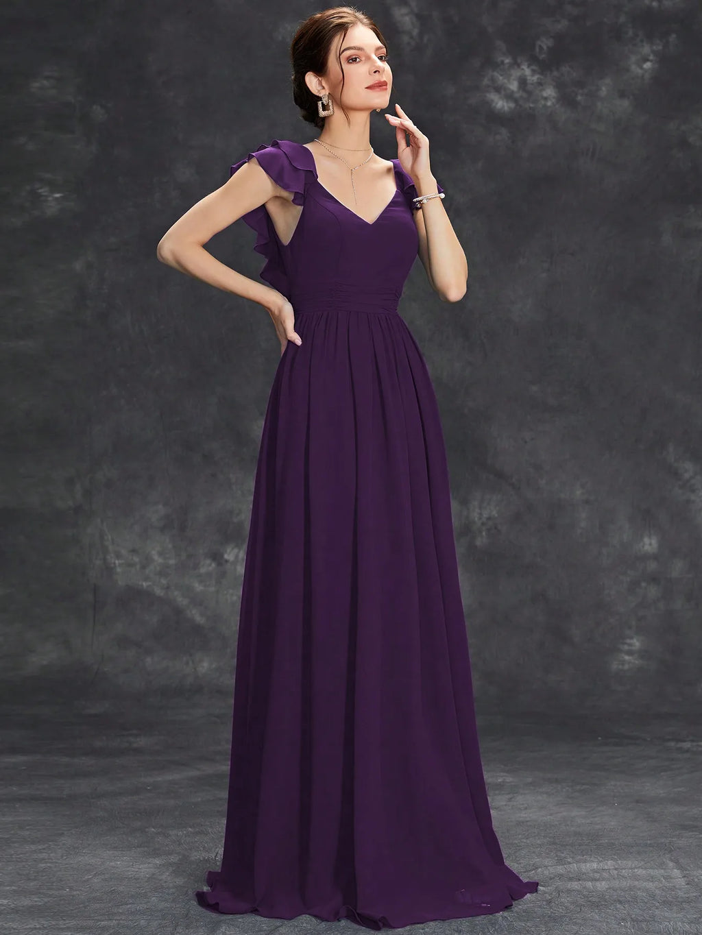 Mgiacy V-neck cap sleeve ruffle lace Extra long evening gown Ball dress Party dress Bridesmaid dress