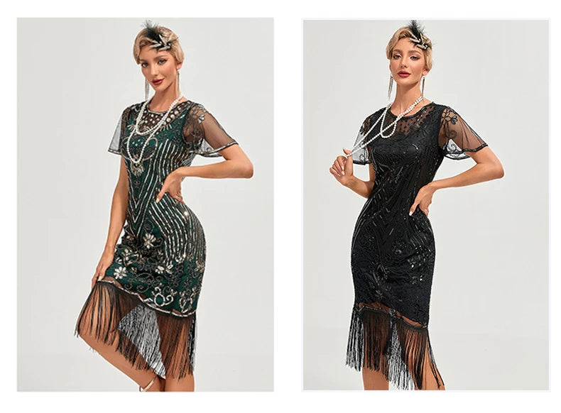 1920s Flapper Dress Plus Size S-4XL Women's Fashion Vintage Great Gatsby Color Sequin Tassel 20s Party Dress Women Mesh Costume