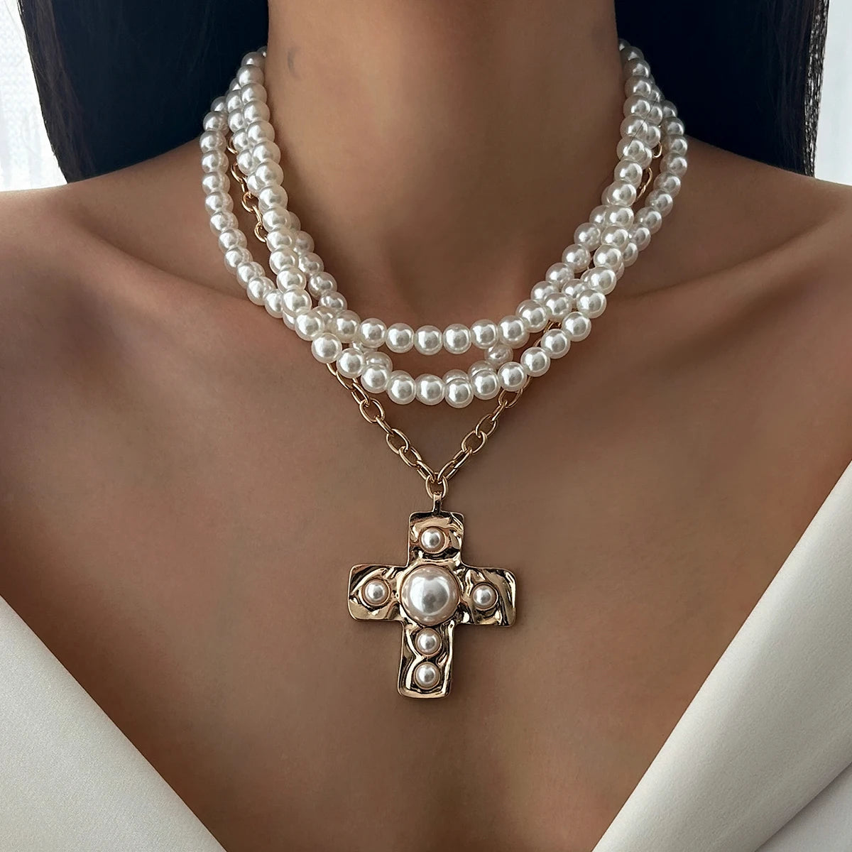 Ingemark Multilayer Imitation Pearl Chain Necklace Women Trendy 2025 Goth Big Jesus Cross Pendant Choker New Year Jewelry Gift