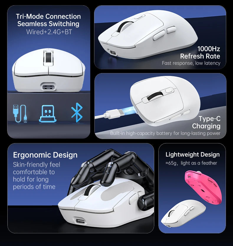 KEBIDUMEI Tri-Mode Mouse 8000DPI Gaming Mouse Bluetooth Mouse Wired/BT/2.4G Wireless Mouse Rechargeable Silent Mice for Laptop