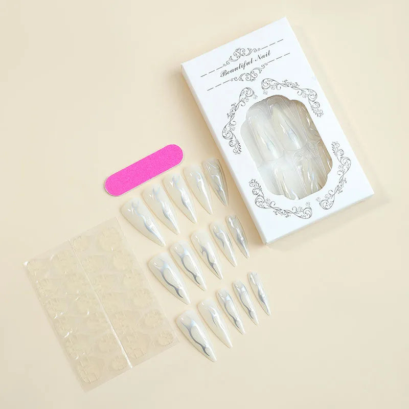 24Pcs Long pointed Halloween False Nails White Irregular Flame Stripes Nail Art Fake Nail Stickers For Women and Girls