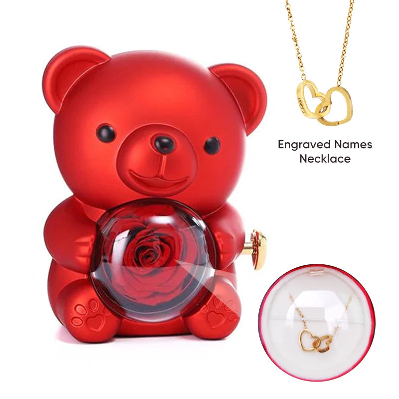 2026 Heart Engraved Name Necklace and Rotating Eternal Rose Flower Hug Bear Jewelry Box Lovely Bear  for Girl/Women
