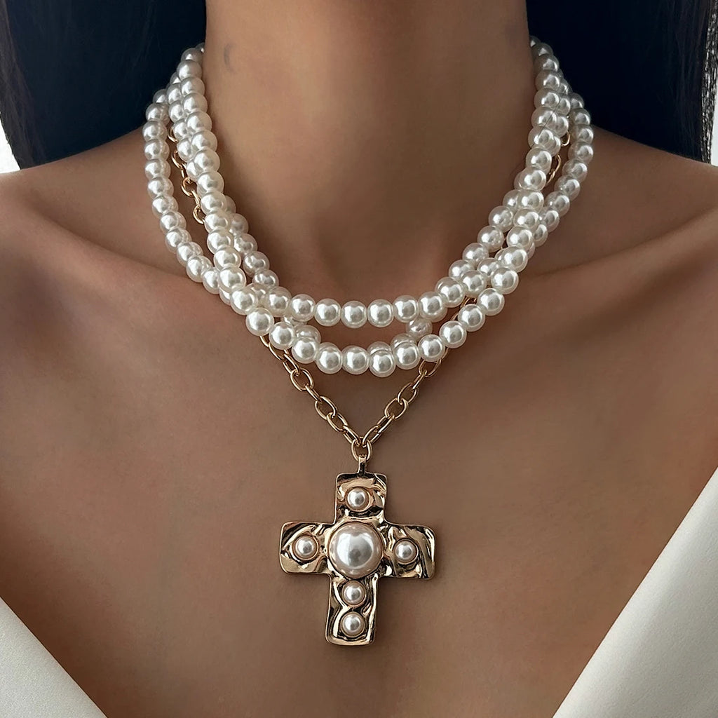 Ingemark Multilayer Imitation Pearl Chain Necklace Women Trendy 2025 Goth Big Jesus Cross Pendant Choker New Year Jewelry Gift