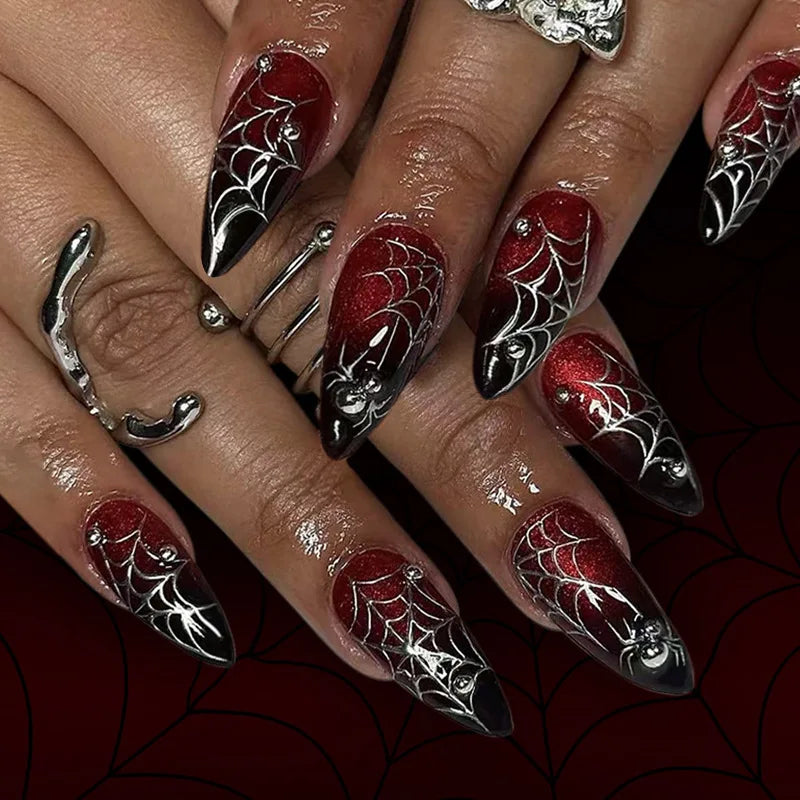 24PCS Halloween False Nails Red Gradient Skull Blood Horror Eye Pattern French Press on Nails Full Cover Wearable Fake Nails Art