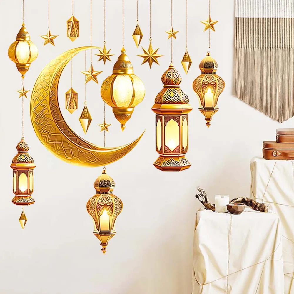 Eid Mubarak Moon Star Lantern Wall Decal 2025 Ramadan Kareem Decorations Home Wall Window Sticker Muslim Islamic Party Supplies